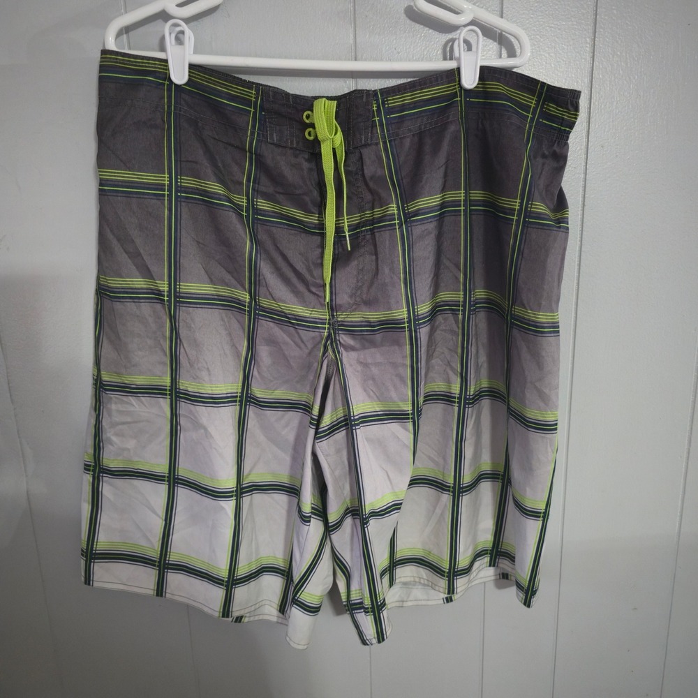 Hang Ten Board Shorts Mens XXL Grey Green Plaid Ombre Mesh‎ Lined Swim Trunks